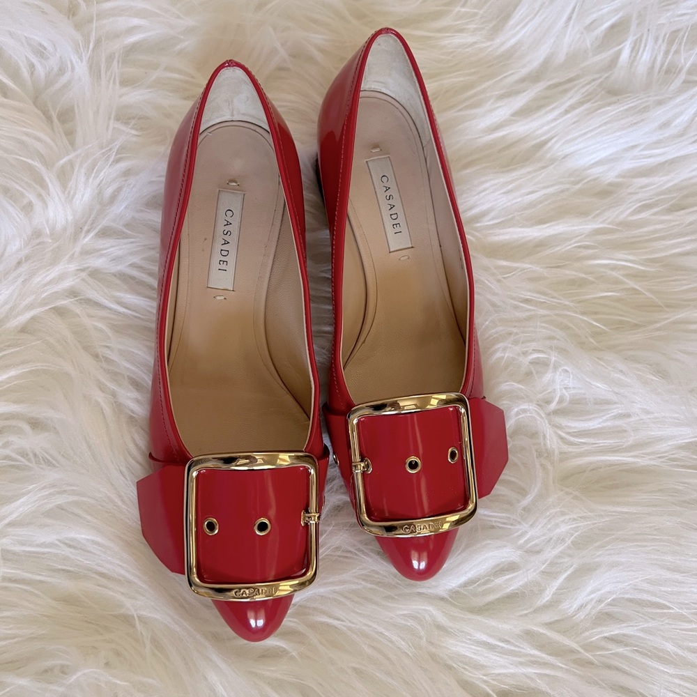 Casadei Red Patent Leather Heels with Gold Buckle